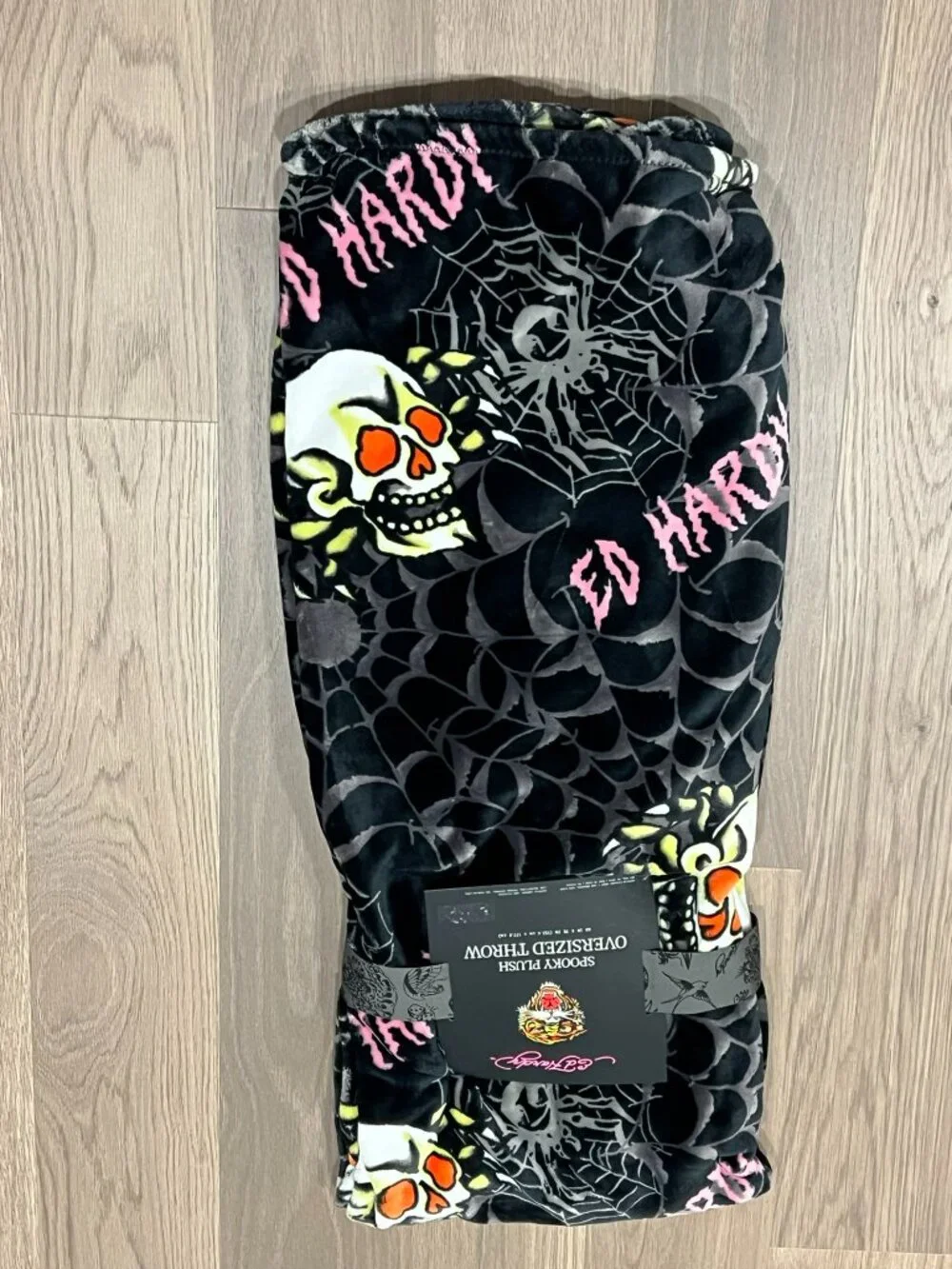 ED HARDY Black Plush Throw Blanket 60x70 Y2K Tattoo Spiderweb Skulls Halloween